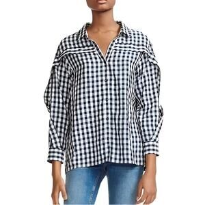 Maje Capri Chemise Plaid Gingham Long Sleeve Button Up Shirt Black White